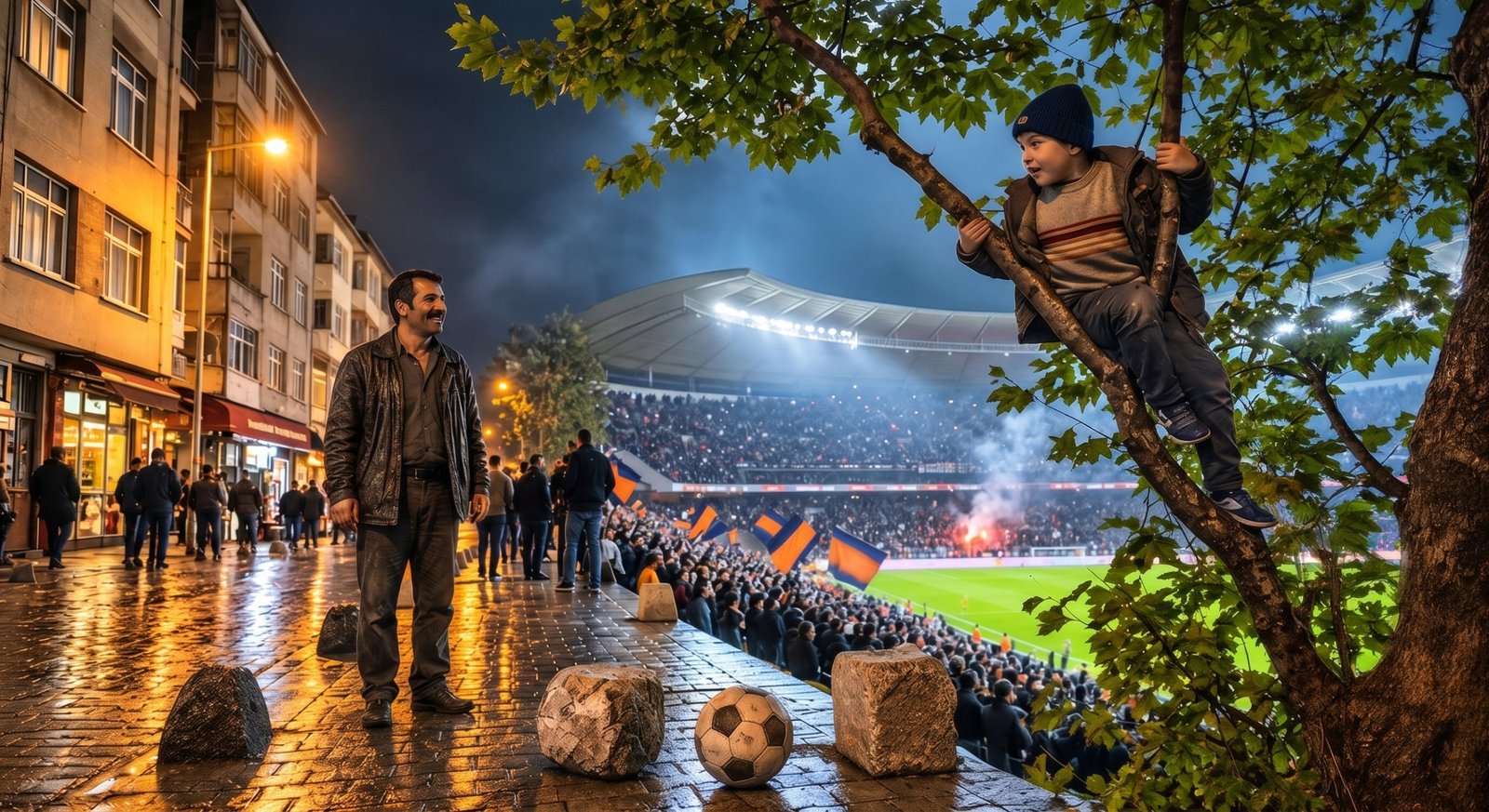 Ağaçtaki çocuk Hadi, aşağıda bekleyen babası Yürü (yapay zekâ ile üretildi)